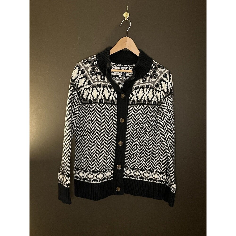 Lands End Womens M 10-12 Fair Isle Nordic Cardigan Herringbone Chunky Sweater